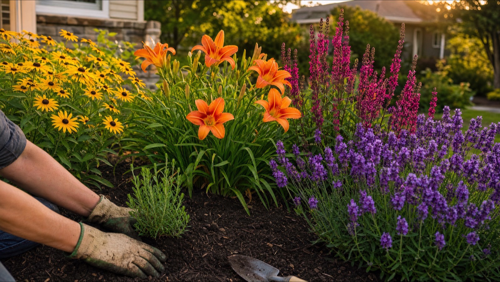 Hands planting late-summer perennials in a vibrant garden bed