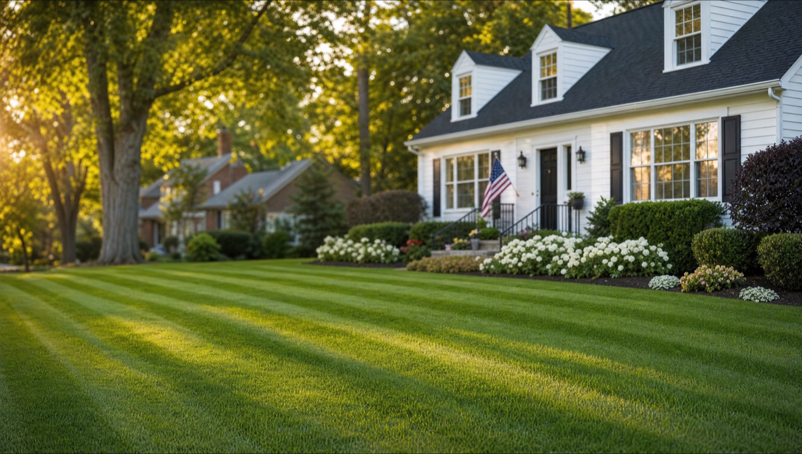 A freshly mowed, crisply striped residential lawn beside a home