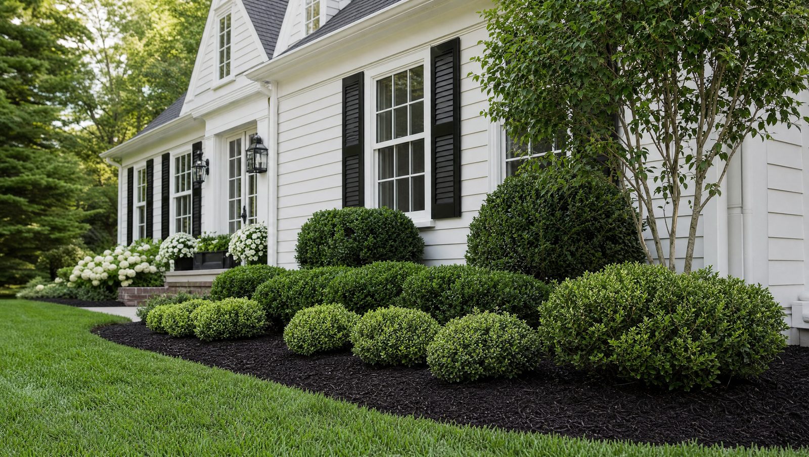A pristine, freshly weeded mulch bed along a white home