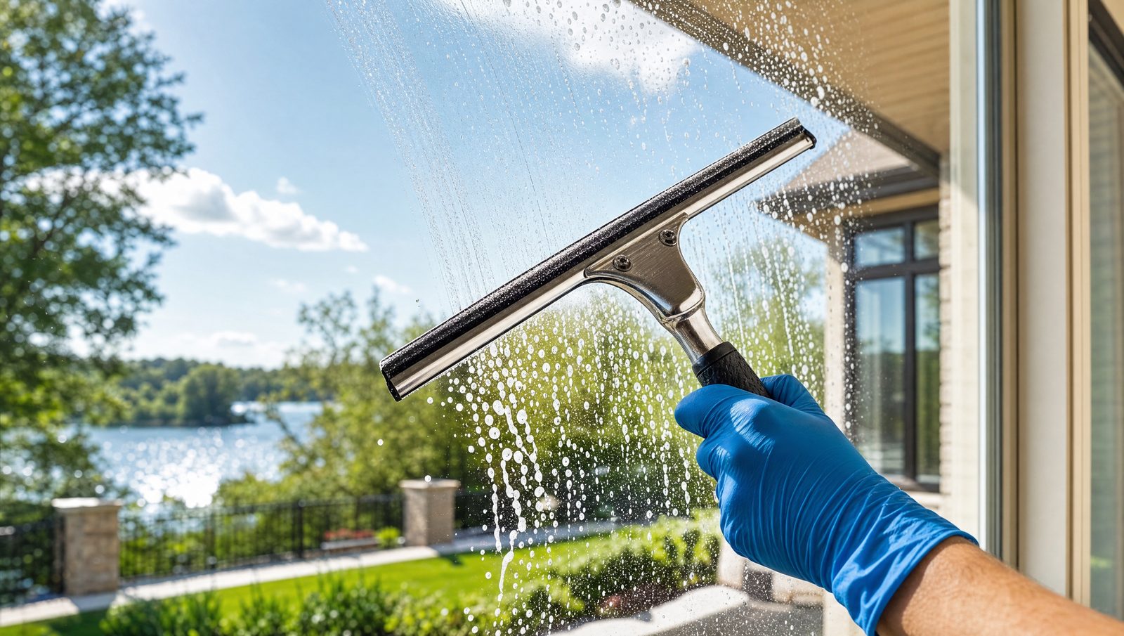 A squeegee drawing down a sparkling, streak-free window